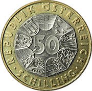 Austria 50 Schilling Millenium-1000 Years Ostarrichi 1996 KM# 3038 REPUBLIK ÖSTERREICH 50 H WÄHNER · SCHILLING · coin obverse Austria 50 Schilling Millenium-1000 Years Ostarrichi 1996 KM# 3038 REPUBLIK ÖSTERREICH 50 H WÄHNER · SCHILLING · coin obverse