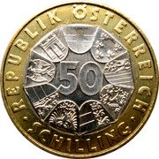 Austria 50 Schilling 100th Wiener Secession 1997 KM# 3044 REPUBLIK ÖSTERREICH 50 H WÄHNER · SCHILLING · coin obverse Austria 50 Schilling 100th Wiener Secession 1997 KM# 3044 REPUBLIK ÖSTERREICH 50 H WÄHNER · SCHILLING · coin obverse