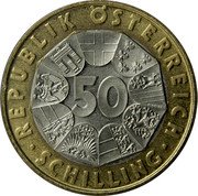 Austria 50 Schilling Last Schilling 2001 KM# 3076 REPUBLIK ÖSTERREICH 50 · SCHILLING · coin obverse Austria 50 Schilling Last Schilling 2001 KM# 3076 REPUBLIK ÖSTERREICH 50 · SCHILLING · coin obverse
