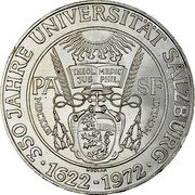 Austria 50 Schilling 350th Anniversary - Salzburg University 1972 Proof KM# 2913 350 JAHRE UNIVERSITÄT SALZBURG THEOL. MEDIC JUS PHIL. PA SF MDCXXII MCMLXII BODLAK ·1622-1972· coin reverse Austria 50 Schilling 350th Anniversary - Salzburg University 1972 Proof KM# 2913 350 JAHRE UNIVERSITÄT SALZBURG THEOL. MEDIC JUS PHIL. PA SF MDCXXII MCMLXII BODLAK ·1622-1972· coin reverse