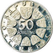 Austria 50 Schilling Julius Raab 1971 Proof KM# 2911 REPUBLIK 50 SCHILLING ÖSTERREICH coin obverse