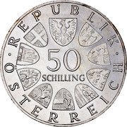 Austria 50 Schilling Centennial of the Blue Danube Waltz 1967 Proof KM# 2902 REPUBLIK 50 SCHILLING ÖSTERREICH coin obverse Austria 50 Schilling Centennial of the Blue Danube Waltz 1967 Proof KM# 2902 REPUBLIK 50 SCHILLING ÖSTERREICH coin obverse
