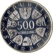 Austria 500 Schilling 100th Anniversary of Austrian Red Cross 1980 KM# 2950 REPUBLIK ÖSTERREICH 500 SCHILLING coin obverse Austria 500 Schilling 100th Anniversary of Austrian Red Cross 1980 KM# 2950 REPUBLIK ÖSTERREICH 500 SCHILLING coin obverse