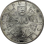 Austria 500 Schilling Millennium of Steyr 1980 KM# 2947 500 SCHILLING REPUBLIK ÖSTERREICH coin obverse Austria 500 Schilling Millennium of Steyr 1980 KM# 2947 500 SCHILLING REPUBLIK ÖSTERREICH coin obverse