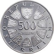 Austria 500 Schilling 40 Years of Peace in Austria 1985 KM# 2972 500 SCHILLING REPUBLIK ÖSTERREICH coin obverse Austria 500 Schilling 40 Years of Peace in Austria 1985 KM# 2972 500 SCHILLING REPUBLIK ÖSTERREICH coin obverse