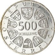 Austria 500 Schilling 500th First Thaler Coin Struck at Hall Mint 1986 KM# 2977 500 SCHILLING REPUBLIK ÖSTERREICH coin obverse Austria 500 Schilling 500th First Thaler Coin Struck at Hall Mint 1986 KM# 2977 500 SCHILLING REPUBLIK ÖSTERREICH coin obverse