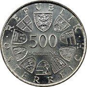 Austria 500 Schilling (100th Birth of Anton Wildgans - Writer) KM# 2952 REPUBLIK ÖSTERREICH 500 SCHILLING coin obverse Austria 500 Schilling (100th Birth of Anton Wildgans - Writer) KM# 2952 REPUBLIK ÖSTERREICH 500 SCHILLING coin obverse