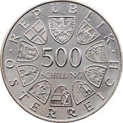 Austria 500 Schilling (Centennial - Parliament Building) KM# 2964 500 SCHILLING REPUBLIK ÖSTERREICH coin obverse Austria 500 Schilling (Centennial - Parliament Building) KM# 2964 500 SCHILLING REPUBLIK ÖSTERREICH coin obverse