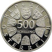 Austria 500 Schilling (100th Commercial Shipping on Lake Constance) KM# 2967 500 SCHILLING REPUBLIK ÖSTERREICH coin obverse Austria 500 Schilling (100th Commercial Shipping on Lake Constance) KM# 2967 500 SCHILLING REPUBLIK ÖSTERREICH coin obverse