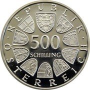 Austria 500 Schilling (700 Years Stift Stams Tirol) KM# 2968 500 SCHILLING REPUBLIK ÖSTERREICH coin obverse Austria 500 Schilling (700 Years Stift Stams Tirol) KM# 2968 500 SCHILLING REPUBLIK ÖSTERREICH coin obverse