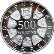 Austria 500 Schilling (250th Birth of Prince Eugene of Savoy) KM# 2978 500 SCHILLING REPUBLIK ÖSTERREICH coin obverse Austria 500 Schilling (250th Birth of Prince Eugene of Savoy) KM# 2978 500 SCHILLING REPUBLIK ÖSTERREICH coin obverse
