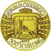 Austria 500 Schilling 150th Vienna Philharmonic 1992 Proof KM# 3006 REPUBLIK ÖSTERREICH 1992 500 SCHILLING coin obverse Austria 500 Schilling 150th Vienna Philharmonic 1992 Proof KM# 3006 REPUBLIK ÖSTERREICH 1992 500 SCHILLING coin obverse