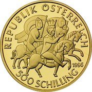 Austria 500 Schilling Heinrich II Jasomirgott 1996 Proof KM# 3032 REPUBLIK ÖSTERREICH 1996 500 SCHILLING coin obverse Austria 500 Schilling Heinrich II Jasomirgott 1996 Proof KM# 3032 REPUBLIK ÖSTERREICH 1996 500 SCHILLING coin obverse