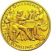 Austria 500 Schilling Franz Schubert 1997 Proof KM# 3040 REPUBLIK ÖSTERREICH 500 SCHILLING 1997 coin obverse Austria 500 Schilling Franz Schubert 1997 Proof KM# 3040 REPUBLIK ÖSTERREICH 500 SCHILLING 1997 coin obverse