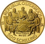 Austria 500 Schilling Congress of Vienna 1994 Proof KM# 3015 REPUBLIK ÖSTERREICH 1994 WIENER KONGRESS 1814-1815 500 SCHILLING coin obverse Austria 500 Schilling Congress of Vienna 1994 Proof KM# 3015 REPUBLIK ÖSTERREICH 1994 WIENER KONGRESS 1814-1815 500 SCHILLING coin obverse