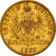 Austria 8 Florins 20 Francs Franz Joseph I 1877 KM# 2269 IMPERIVM AVSTRIACVM 8Fl· 20FR 1892 coin reverse Austria 8 Florins 20 Francs Franz Joseph I 1877 KM# 2269 IMPERIVM AVSTRIACVM 8Fl· 20FR 1892 coin reverse