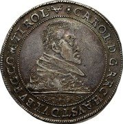 Austria Thaler Charles the Posthumous Plain Mozzetta 1614 KM# 6 CAROL D G ARCH AVST DVX BVRG COM TIROL coin obverse