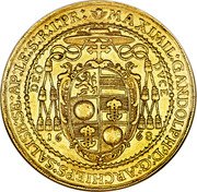 Austria 10 Ducat Max Gandolf von Kuenburg 1668 KM# 204 MAXIMIL : GANDOLPHꝰ D : G : ARCHIEPS : SALISB : SE : AP : LE : S : R : I : PR : coin obverse Austria 10 Ducat Max Gandolf von Kuenburg 1668 KM# 204 MAXIMIL : GANDOLPHꝰ D : G : ARCHIEPS : SALISB : SE : AP : LE : S : R : I : PR : coin obverse