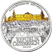 Austria 10 Euro Gottweig Abbey. Gilded 2006 10 EURO 2006 BENEDIKTINERSTIFT GÖTTWEIG REPUBLIK ÖSTERREICH coin obverse Austria 10 Euro Gottweig Abbey. Gilded 2006 10 EURO 2006 BENEDIKTINERSTIFT GÖTTWEIG REPUBLIK ÖSTERREICH coin obverse
