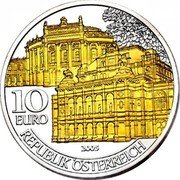 Austria 10 Euro (Reopening of the Burg Theater and Opera. Gilded) REPUBLIK ÖSTERREICH 10 EURO 2005 coin obverse Austria 10 Euro (Reopening of the Burg Theater and Opera. Gilded) REPUBLIK ÖSTERREICH 10 EURO 2005 coin obverse