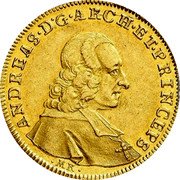 Austria 2 Ducat Andreas Jacob Graf Salzburg 1750 MK KM# 360 ANDREAS D G ARCH ET PRINCEPS MK coin obverse Austria 2 Ducat Andreas Jacob Graf Salzburg 1750 MK KM# 360 ANDREAS D G ARCH ET PRINCEPS MK coin obverse