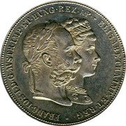 Austria 2 Gulden Silver Wedding Anniversary 1879 X# M5 FRANC IOS I D G AVSTR IMP ET HVNG REX AP ELISABETHA IMP BT REG coin obverse Austria 2 Gulden Silver Wedding Anniversary 1879 X# M5 FRANC IOS I D G AVSTR IMP ET HVNG REX AP ELISABETHA IMP BT REG coin obverse
