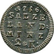 Austria 2 Kreuzer Sigismund III von Schrattenbach 1756 KM# 374 1756 SALZB LAND MINZ 2 K coin reverse Austria 2 Kreuzer Sigismund III von Schrattenbach 1756 KM# 374 1756 SALZB LAND MINZ 2 K coin reverse