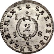 Austria 2 Kreuzer Sigismund von Schrattenbach 1758 KM# 389 SALZBURGER LANDNINZ 1 7 5 8 2 coin reverse Austria 2 Kreuzer Sigismund von Schrattenbach 1758 KM# 389 SALZBURGER LANDNINZ 1 7 5 8 2 coin reverse