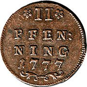 Austria 2 Pfenning Hieronymus von Colloredo 1777 KM# 446 *II* PFEN: OU PFEN NING 1777 coin reverse Austria 2 Pfenning Hieronymus von Colloredo 1777 KM# 446 *II* PFEN: OU PFEN NING 1777 coin reverse