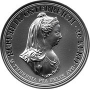Austria 20 Euro (Birth of empress Maria Theresa - clemency and faith) REPUBLIK ÖSTERREICH 20 EURO M THERESIA PIA FELIX AVG coin obverse Austria 20 Euro (Birth of empress Maria Theresa - clemency and faith) REPUBLIK ÖSTERREICH 20 EURO M THERESIA PIA FELIX AVG coin obverse
