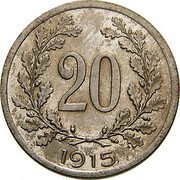 Austria 20 Heller (Franz Joseph I Trial Strike) 20 1915 coin reverse Austria 20 Heller (Franz Joseph I Trial Strike) 20 1915 coin reverse