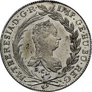 Austria 20 Kreuzer Maria Theresa 1765 KM# 12 M THERESIA D G R IMP GE EU BO REG coin obverse Austria 20 Kreuzer Maria Theresa 1765 KM# 12 M THERESIA D G R IMP GE EU BO REG coin obverse