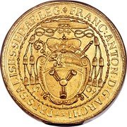 Austria 25 Ducat Franz Anton von Harrach 1709 KM# 304 FRANC:ANTON:D:G:ARCHI:ET PRPS:SALISB:S:SED:AP:LEG: coin obverse Austria 25 Ducat Franz Anton von Harrach 1709 KM# 304 FRANC:ANTON:D:G:ARCHI:ET PRPS:SALISB:S:SED:AP:LEG: coin obverse