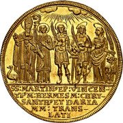 Austria 3 Ducat Max Gandolf von Kuenburg 1682 KM# 235 SS MARTIN9 EP VINCEN-TI 9 M HERMES M CHRY-SANTH9 ET DARIA M M TRANS-LATI coin reverse Austria 3 Ducat Max Gandolf von Kuenburg 1682 KM# 235 SS MARTIN9 EP VINCEN-TI 9 M HERMES M CHRY-SANTH9 ET DARIA M M TRANS-LATI coin reverse