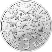 Austria 3 Euro (Styracosaurus) REPUBLIK ÖSTERREICH 3 EURO coin obverse Austria 3 Euro (Styracosaurus) REPUBLIK ÖSTERREICH 3 EURO coin obverse