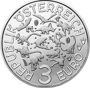 Austria 3 Euro (Supersaurs - Deinonychus antirrhopus) REPUBLIK ÖSTERREICH 3 EURO coin obverse Austria 3 Euro (Supersaurs - Deinonychus antirrhopus) REPUBLIK ÖSTERREICH 3 EURO coin obverse