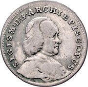 Austria 3 Kreuzer Sigismund von Schrattenbach 1755 KM# 382 SIGISM D G A ARCHIEPISCOPUS coin obverse