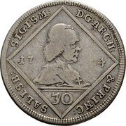 Austria 30 Kreuzer Sigismund von Schrattenbach 1754 KM# 379 DG ARCH & PRINC SALLSB SIGISM coin obverse Austria 30 Kreuzer Sigismund von Schrattenbach 1754 KM# 379 DG ARCH & PRINC SALLSB SIGISM coin obverse