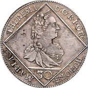 Austria 30 Kreuzer Maria Theresa 1764 KM# 13 D G R I GE HU BO RE 30 MARIA THERESIA coin obverse Austria 30 Kreuzer Maria Theresa 1764 KM# 13 D G R I GE HU BO RE 30 MARIA THERESIA coin obverse