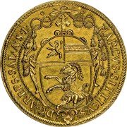 Austria 4 Ducat (Marcus Sittich) KM# 25 MARCVS SITTICVS D G AREPS SAL A S L coin obverse Austria 4 Ducat (Marcus Sittich) KM# 25 MARCVS SITTICVS D G AREPS SAL A S L coin obverse