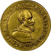 Austria 4 Ducat (Marcus Sittich) KM# 41 MARCVS SITTIGVS D G ARCHIE SAL SED AP LE coin obverse Austria 4 Ducat (Marcus Sittich) KM# 41 MARCVS SITTIGVS D G ARCHIE SAL SED AP LE coin obverse