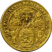 Austria 4 Ducat (Marcus Sittich) KM# 41 QVI FVNDASTIS PROTEGITE M DC XV coin reverse Austria 4 Ducat (Marcus Sittich) KM# 41 QVI FVNDASTIS PROTEGITE M DC XV coin reverse