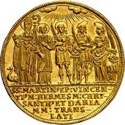 Austria 4 Ducat Max Gandolf von Kuenburg 1682 KM# 237 SS MARTIN9 EP VINCEN-TI 9 M HERMES M CHRY-SANTH9 ET DARIA M M TRANS-LATI coin reverse Austria 4 Ducat Max Gandolf von Kuenburg 1682 KM# 237 SS MARTIN9 EP VINCEN-TI 9 M HERMES M CHRY-SANTH9 ET DARIA M M TRANS-LATI coin reverse