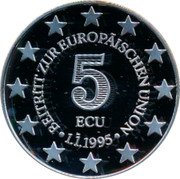Austria 5 ECU (Membership in E.U.) X# 25 ∙BEITRIIT ZUR EUROPÄISCHEN UNION∙ 1.1.1995 5 ECU coin obverse