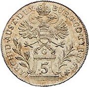 Austria 5 Kreuzer Maria Theresia 1765 SC KM# 10 ARCHID AUST DEX BURG CO TYR 1765 5 coin reverse Austria 5 Kreuzer Maria Theresia 1765 SC KM# 10 ARCHID AUST DEX BURG CO TYR 1765 5 coin reverse