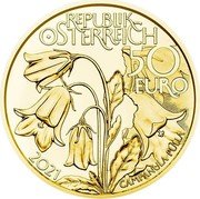 Austria 50 Euro (Alpine Treasures - Alpine Forests) REPUBLIK OSTERREICH 50 EURO 2021 CAMPANULA PULLA coin obverse