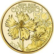 Austria 50 Euro Alpine Treasures Wild Waters 2022 50 EURO REPUBLIK ÖESTERREICH 2022 DIANTHUS PLUMARIUS BLANDUS coin obverse