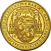 Austria 6 Ducat Max Gandolf von Kuenburg 1668 KM# 201 MAXIMIL GANDOLPHꝰ D G ARCHIEPS SALISBVRG SED AP LEG S R I PR coin obverse Austria 6 Ducat Max Gandolf von Kuenburg 1668 KM# 201 MAXIMIL GANDOLPHꝰ D G ARCHIEPS SALISBVRG SED AP LEG S R I PR coin obverse