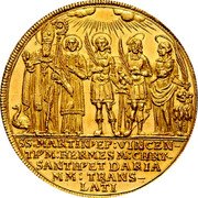 Austria 6 Ducat Maximilian Gandolph 1682 KM# 239 SS MARTIN9EP VINCEN TI9M HERMES M CHRY SANTH9ET DARIA M M TRANS LATI coin reverse Austria 6 Ducat Maximilian Gandolph 1682 KM# 239 SS MARTIN9EP VINCEN TI9M HERMES M CHRY SANTH9ET DARIA M M TRANS LATI coin reverse