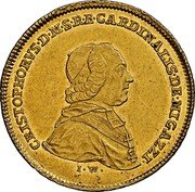 Austria Ducat 1781 KM# 2 Vienna Archbishopric Trade Coinage CHRISTOPHORVS D M S RE CARDINALIS DE MIGAZZI I W coin obverse Austria Ducat 1781 KM# 2 Vienna Archbishopric Trade Coinage CHRISTOPHORVS D M S RE CARDINALIS DE MIGAZZI I W coin obverse